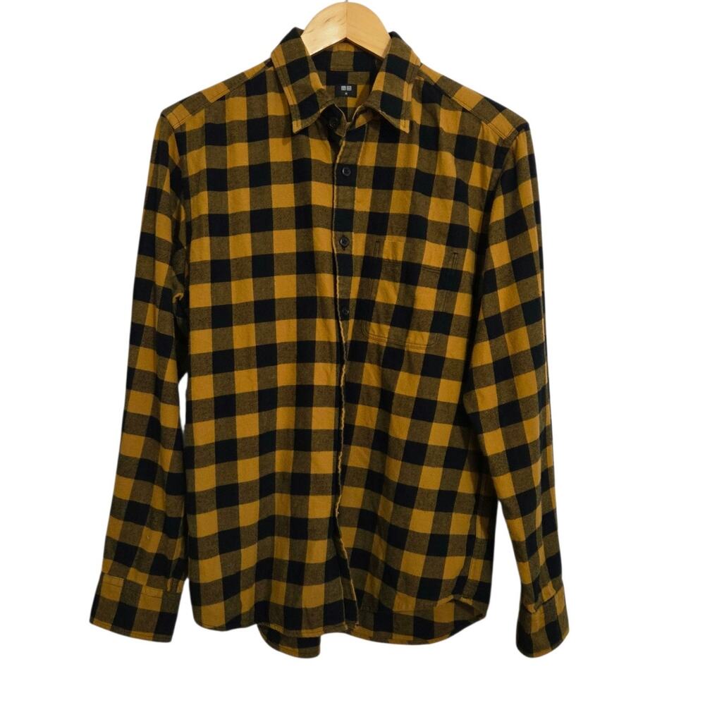 Uniqlo Yellow Black Blue Plaid Check Soft Thick Flannel 100% Cotton Shirt MEDIUM